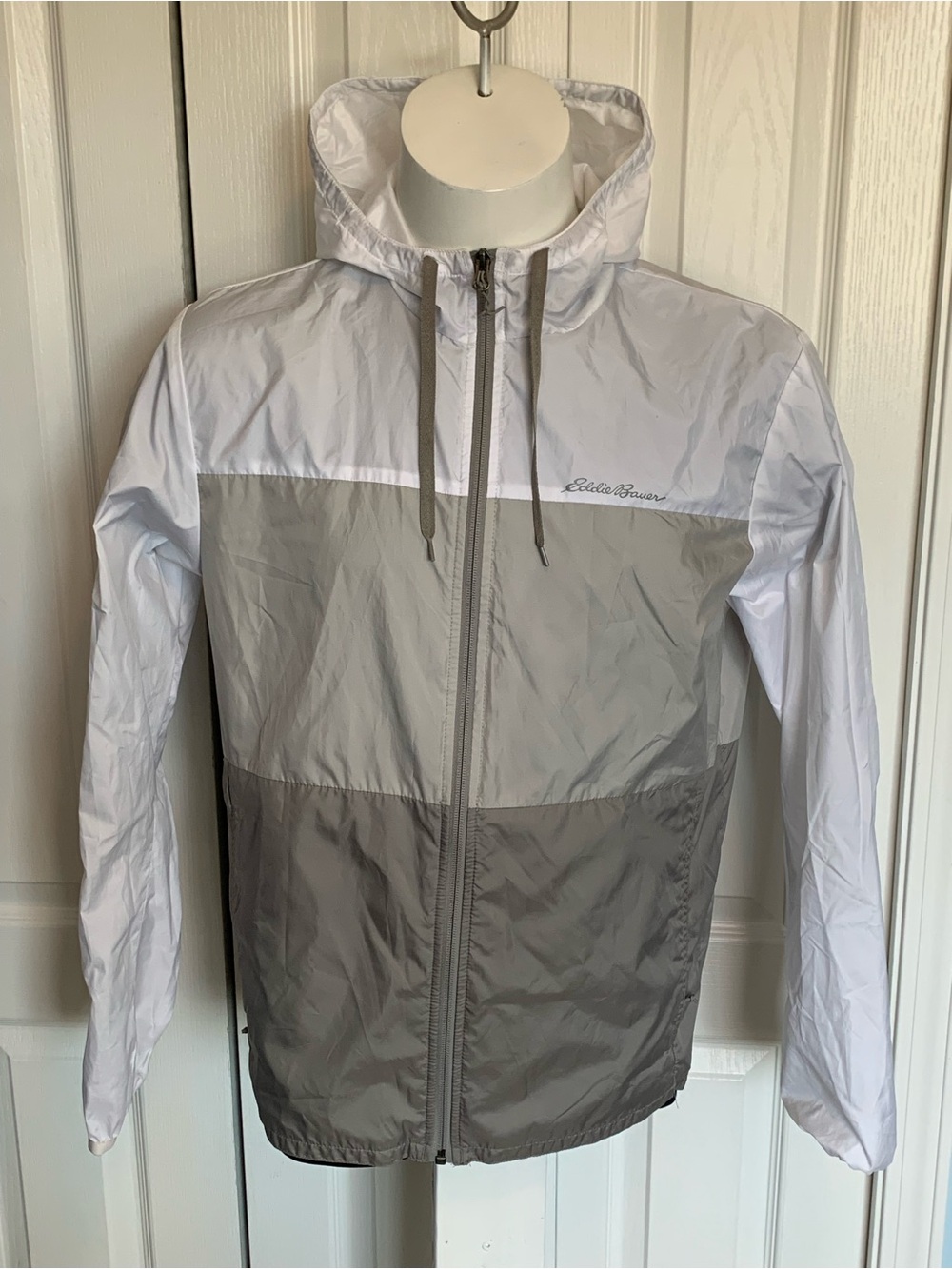 Eddie Bauer White and Gray Colorblock Hooded Windbreaker